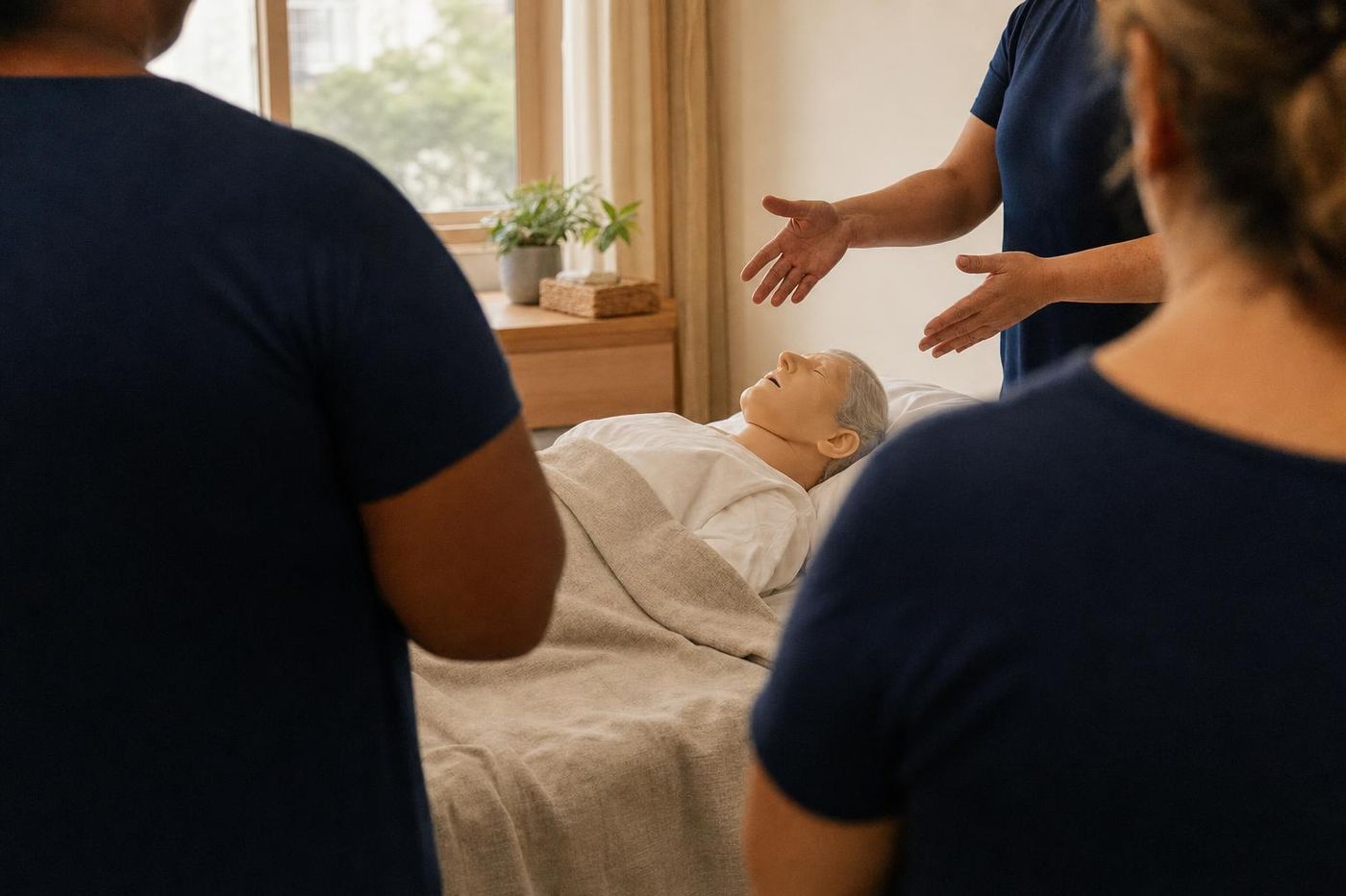 Alunos em sala de aula praticando cuidados num manequim