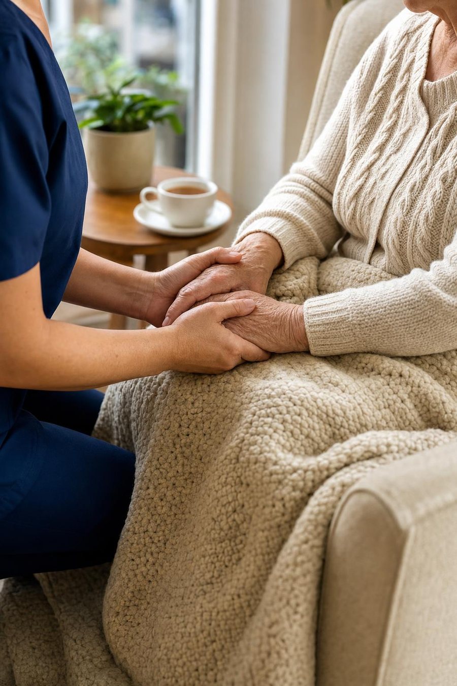 Mãos de uma cuidadora segurando as mãos de uma senhora, em casa