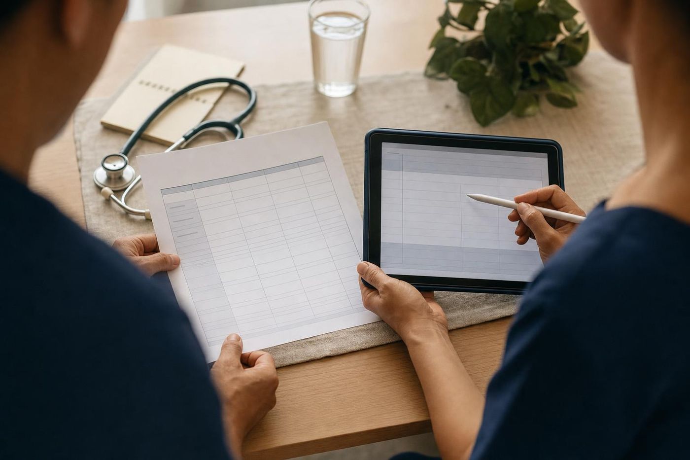 Mãos de médico e enfermeira revisando um plano de cuidados