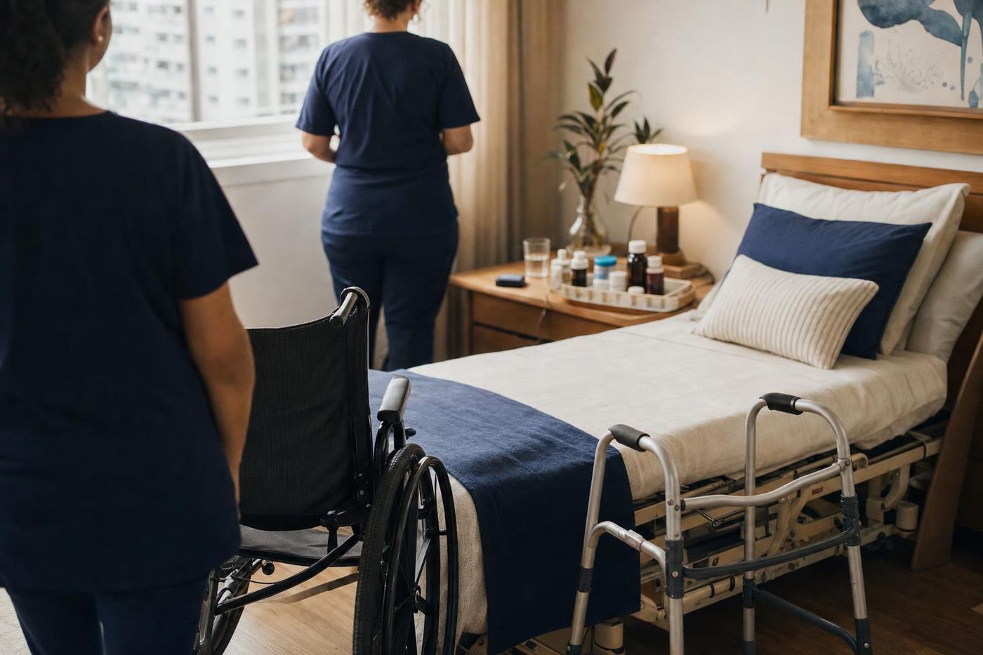 Quarto preparado para a volta do hospital, com cama hospitalar, cadeira de rodas e remédios organizados