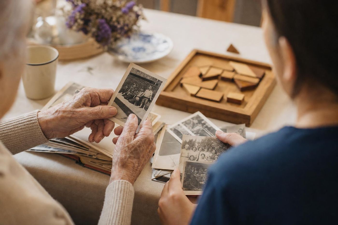 Mãos de uma senhora e da cuidadora separando fotos antigas sobre a mesa